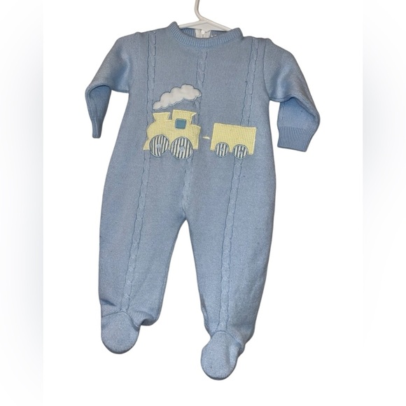 Vintage Grand Knitwear Blue Train Knit footed sweater One Piece Sz 3/6m - Picture 1 of 3